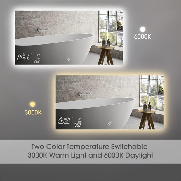 Smart Bathroom Mirror with Bluetooth Wi-Fi Enabled Weather Display